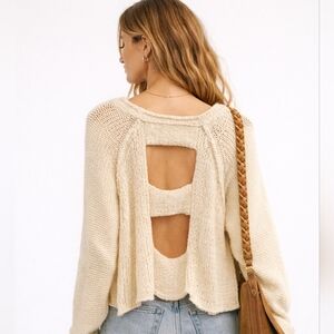 Free People Cream Boxy Open Back Sweater | Sz Xs| Bell Sleeve, Light Knit, Boho